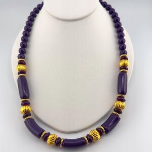 Vintage Trifari Purple & Gold tone Plastic Beaded Statement Necklace 22"